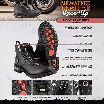 Milwaukee Leather MBL9335 Women's Premium Black Leather Low Cut Lace-Up Motorcycle Riding Boots w/Zipper Closure - 5