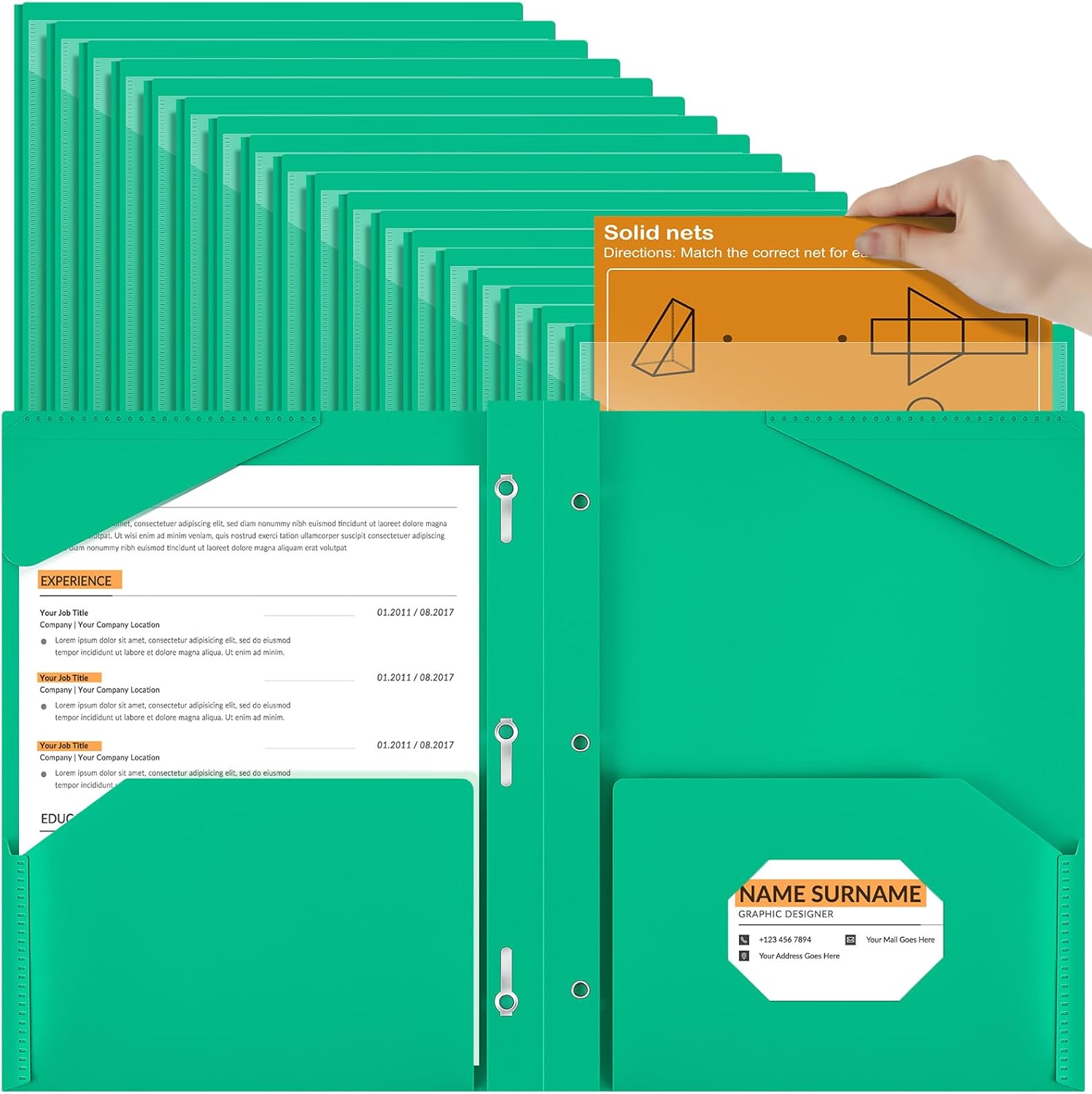 Henoyso 72 Pcs Plastic Folder with Clear Front Pocket and 3 Prong Plastic Folders with Card Slot Pocket Folders with Prongs for School Office (Green)