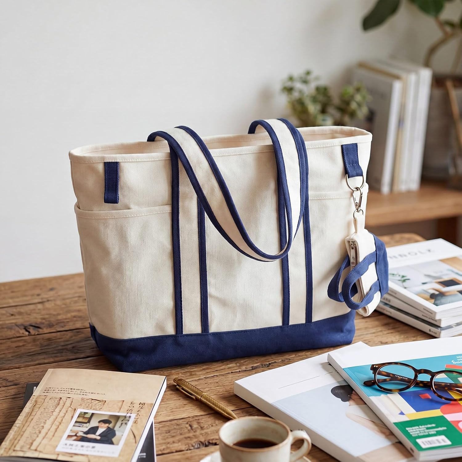 Collegiate Canvas Tote Bag with Cup Holder Navy Blue Reusable Shoulder Bag External Pocket for Women Travel Work DIY Handbag