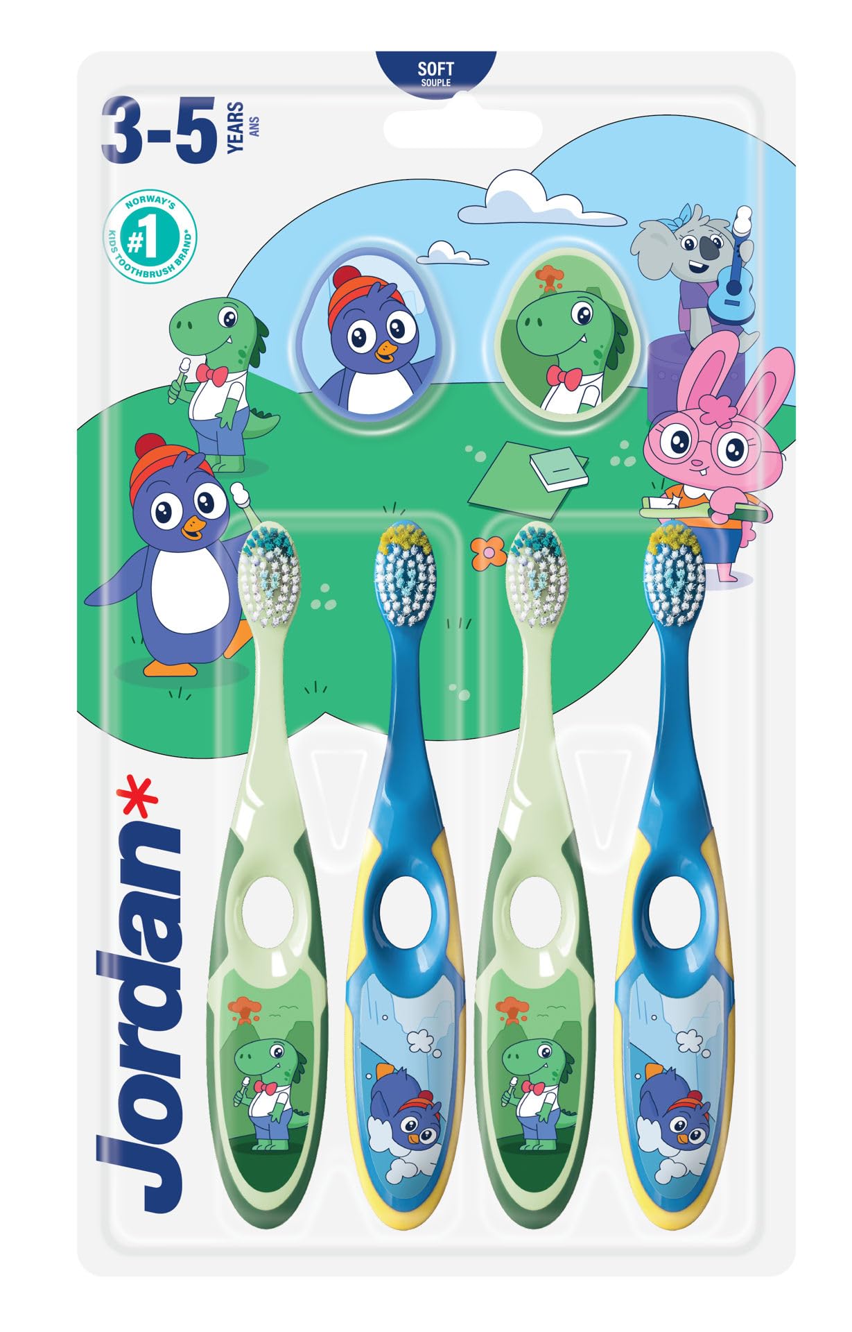 Jordan ® | Step 2 | Cepillo de dientes para niños de 3 a 5 años | Cerdas blandas, mango doble ergonómico y libre de BPA | Color azul y verde | Pack 4 unidades en oferta en Amazon
