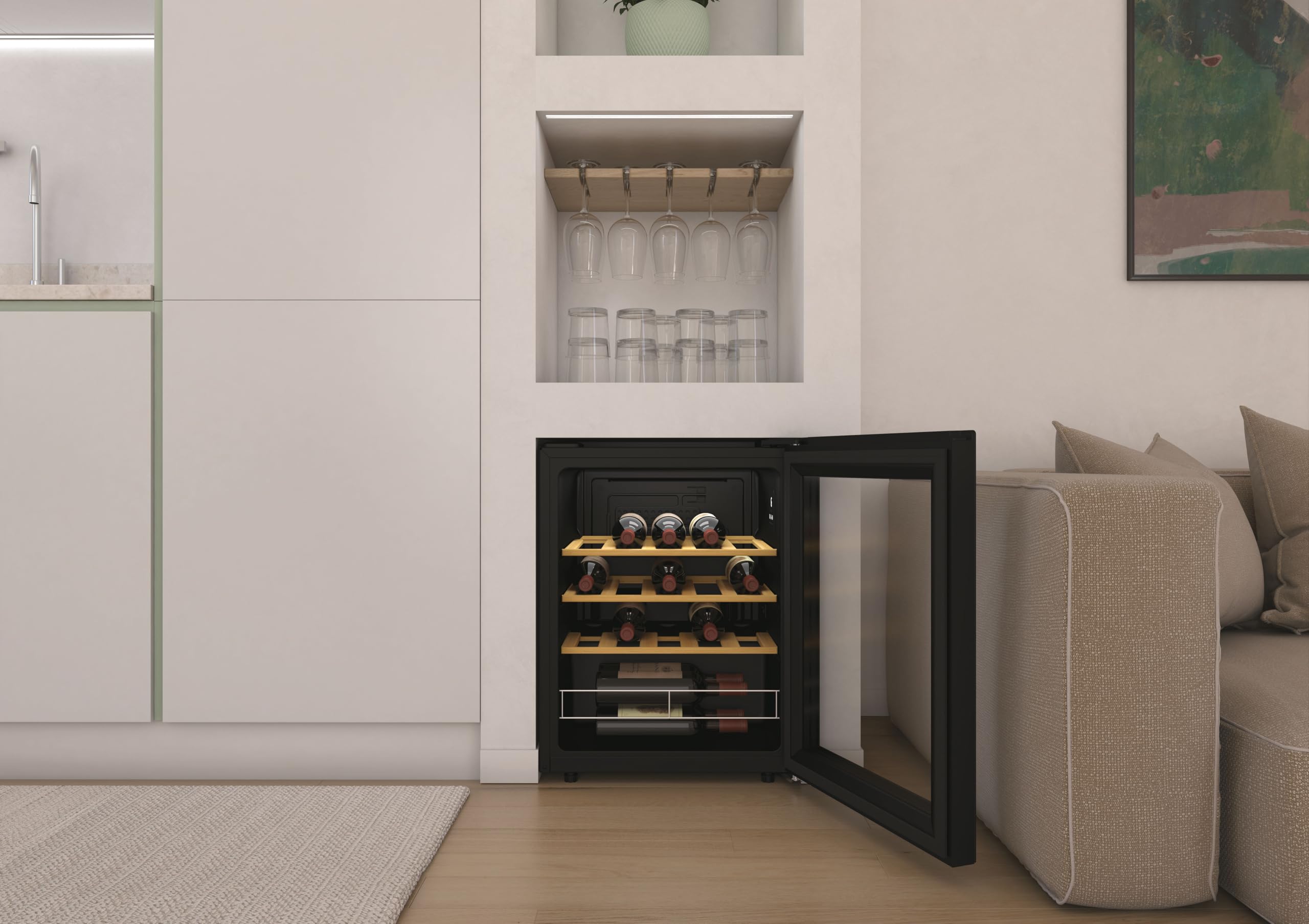 Candy - Cave à Vin Connectée 23 Bouteilles - 1 Porte - Classe Énergétique G - Froid Statique - Noire + Clayettes Bois - 62 Litres - 63 x 47,5 x 45,6 cm - Modèle CWC023