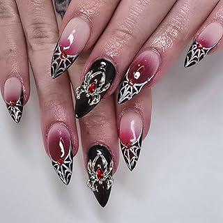 GlamRays 24 Stück Halloween Mittlere Mandelförmige Press On Nägel Tag der Toten Gradient Spinnennetz 3D Design Vollabdeckung Wiederverwendbar Für Frauen