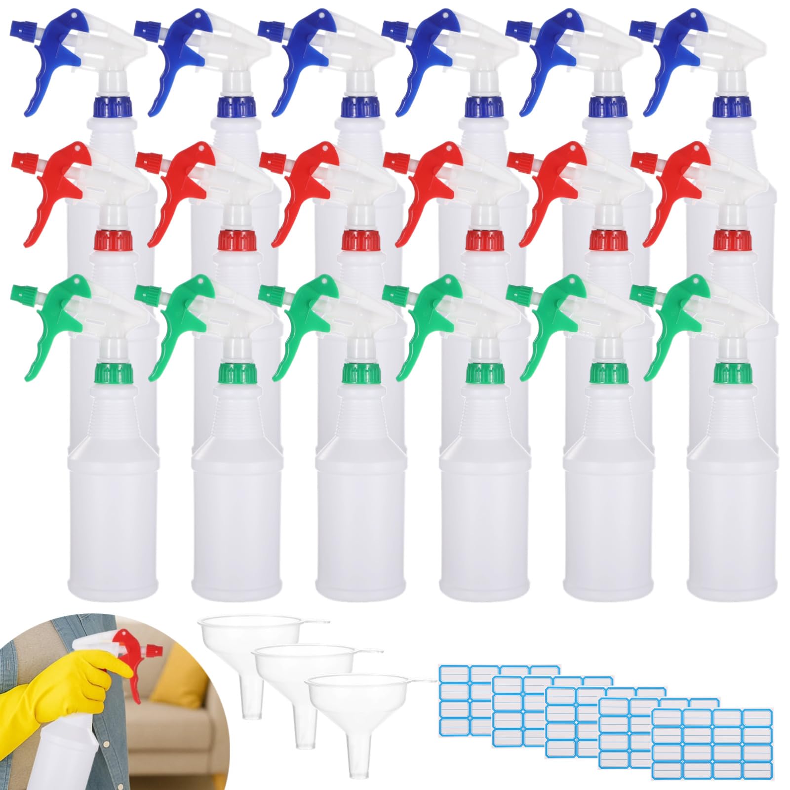 18 Stück 500 ml Kunststoff-Sprühflaschen mit 3 Trichtern und 5 Aufklebern, PE-Reinigungs- und Gartensprühflaschen mit einstellbaren Düsen in Rot, Grün und Blau