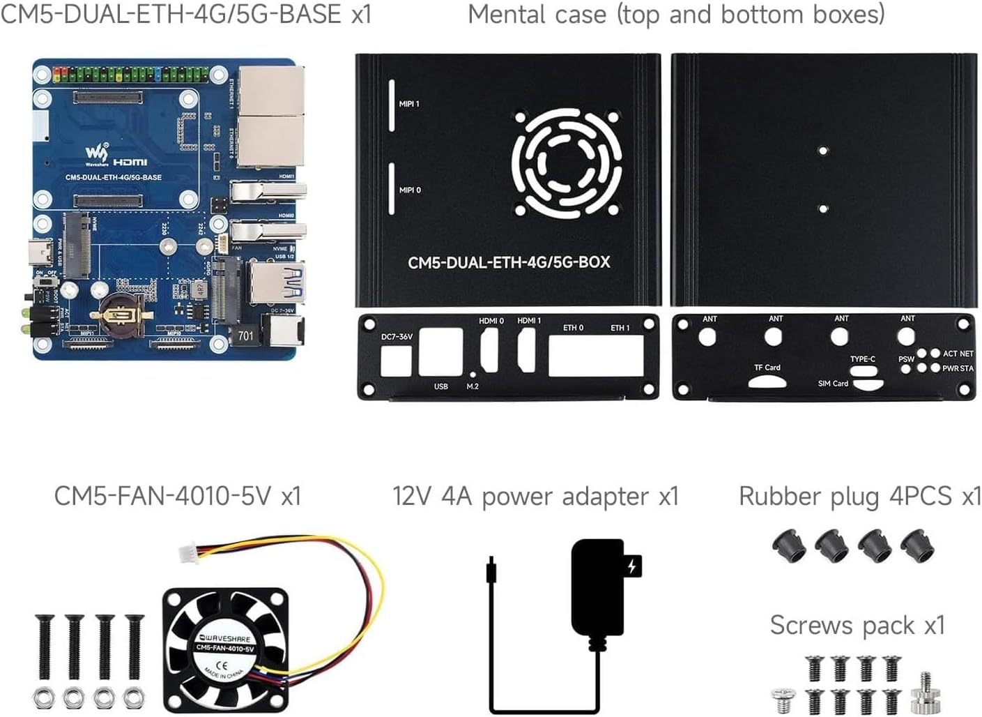 Dual Ethernet Base Board for Raspbery Pi CM5, Supports 4G / 5G Module, Dual 4K Display Outputs and Dual MIPI Interfaces, PoE Module Support, Base Board + Metal Case + Power Supply