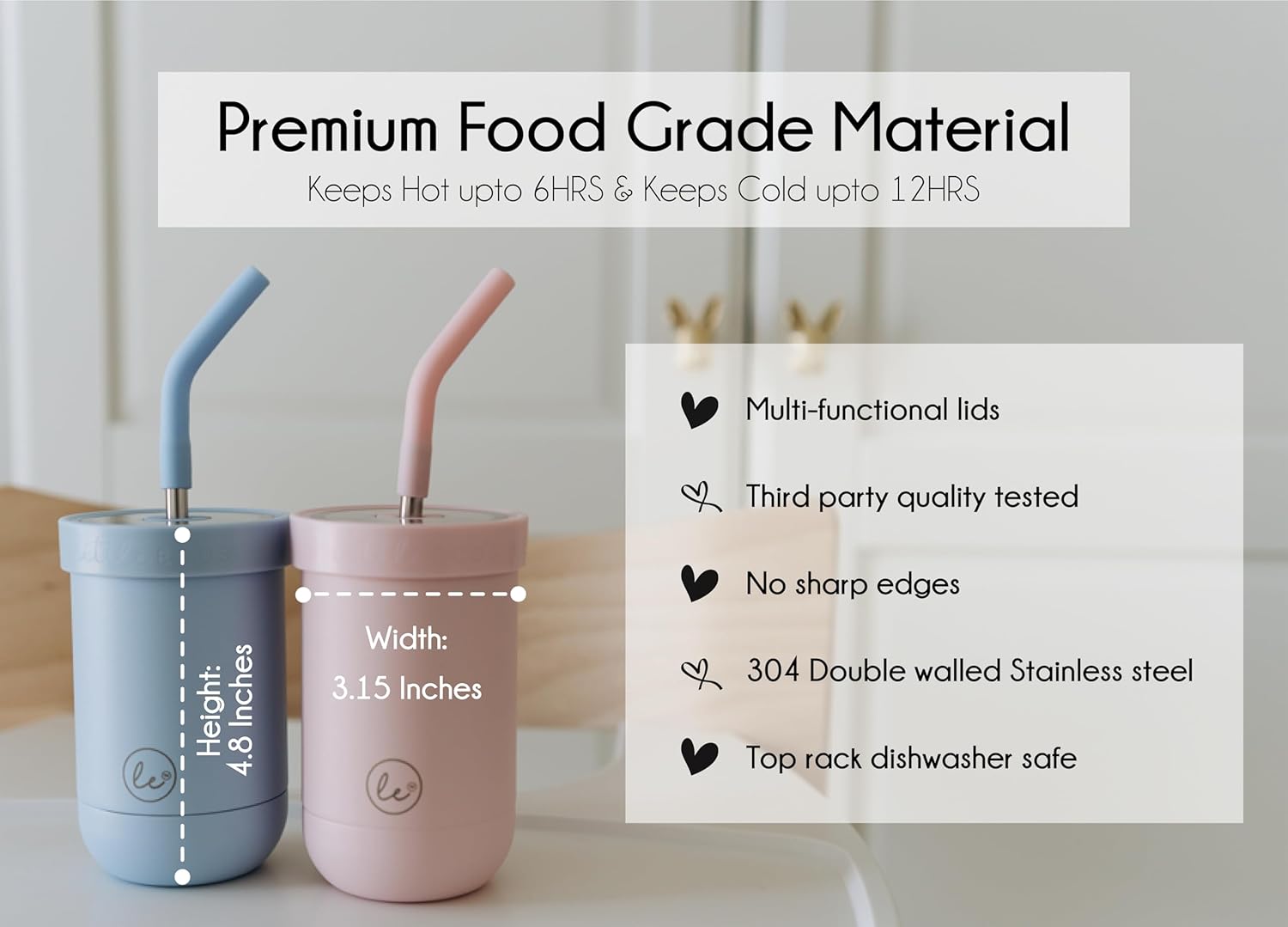 Double walled insulated Kids & toddler smoothie cups with screw tight lids and straws | Best Toddler sippy cup for 3 year old spill proof - Set of 2 cups for kids - Image 4