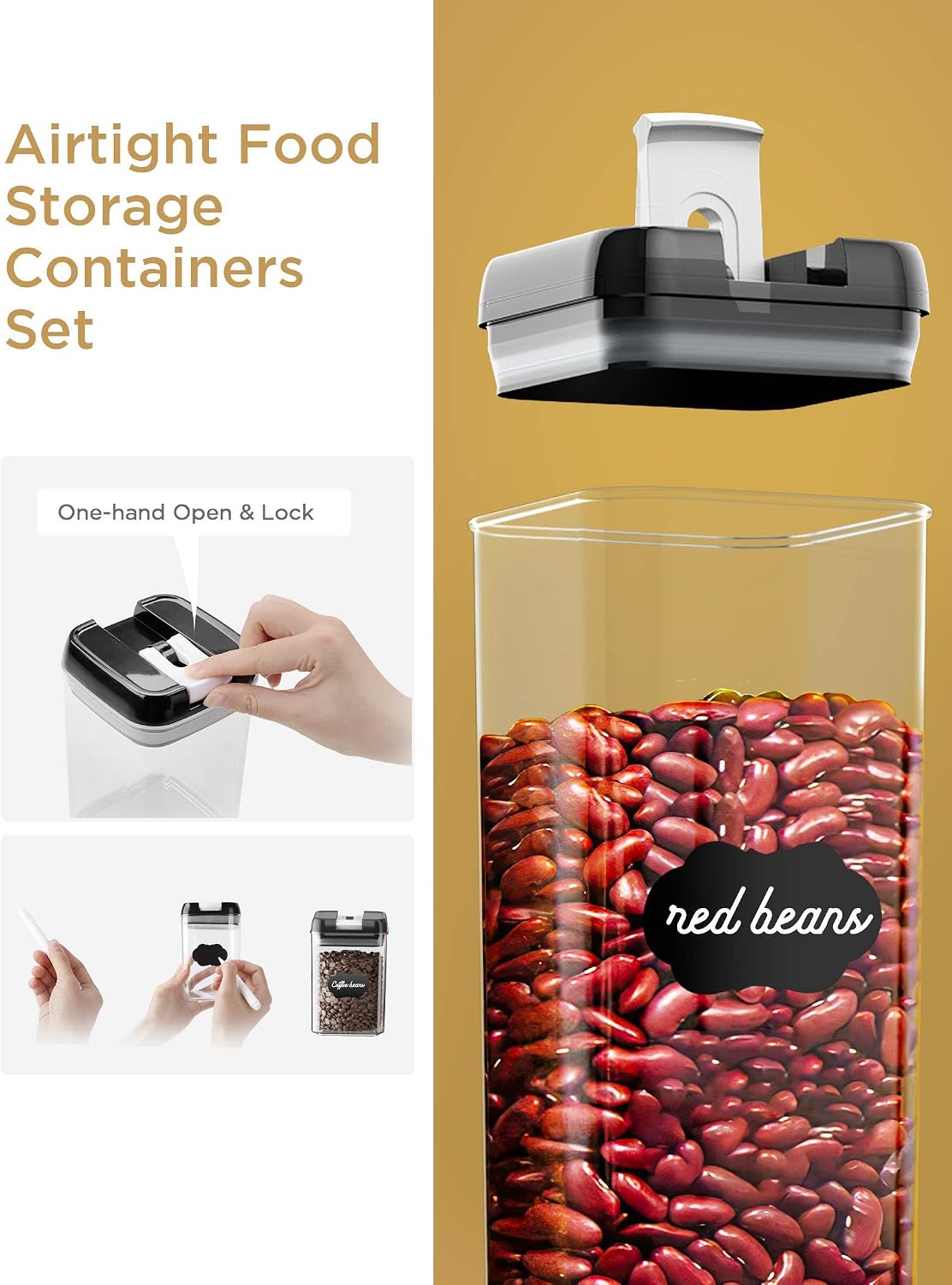 Food Storage Containers, Airtight Containers Set with Easy Lock Lids, Leakproof Durable Food Grade Kitchen Canisters Pantry Organization and Storage, 6 Food Containers with 20 Labels and 1 Maker Pen