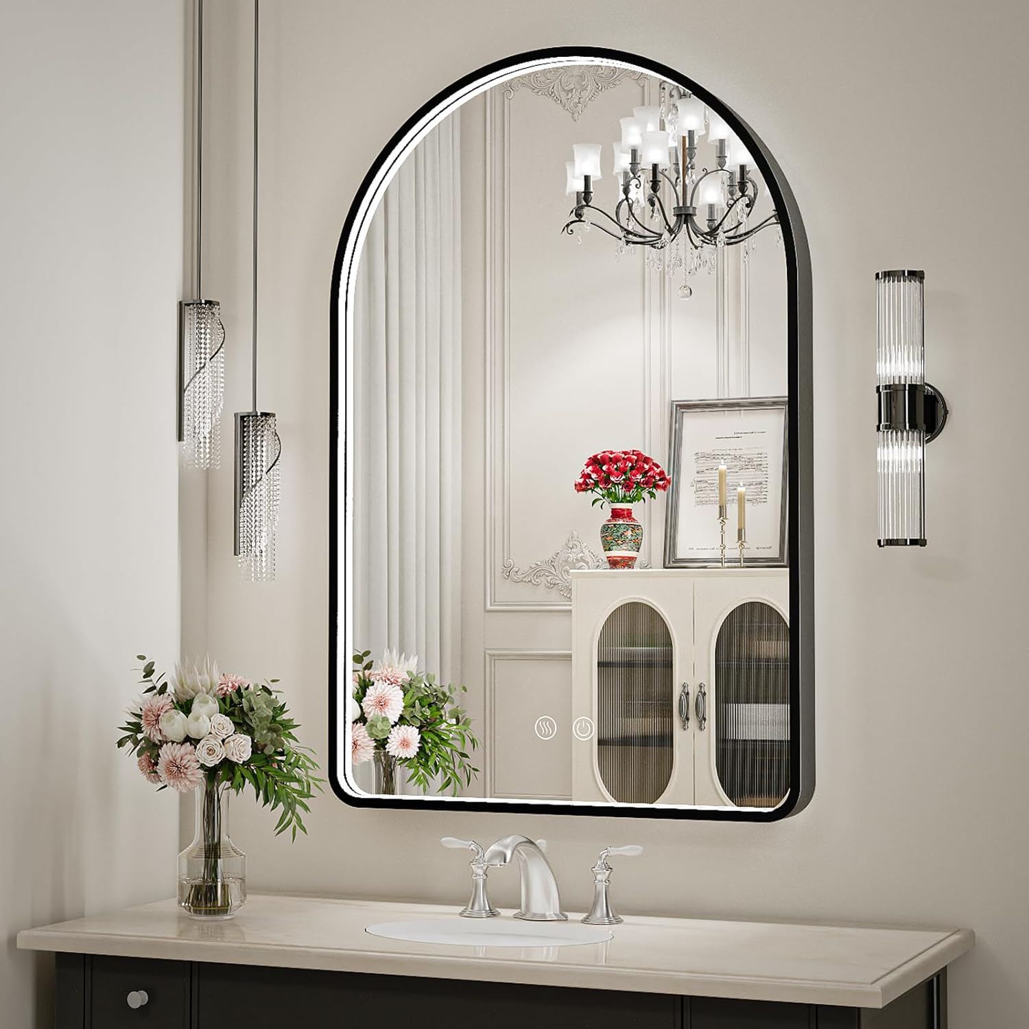 24X36 Inch LED Bathroom Mirror with Lights, Arched Black Frame Lighted Vanity Mirror with Anti-Fog, Dimmable Arch Black 36"L x 24"W
