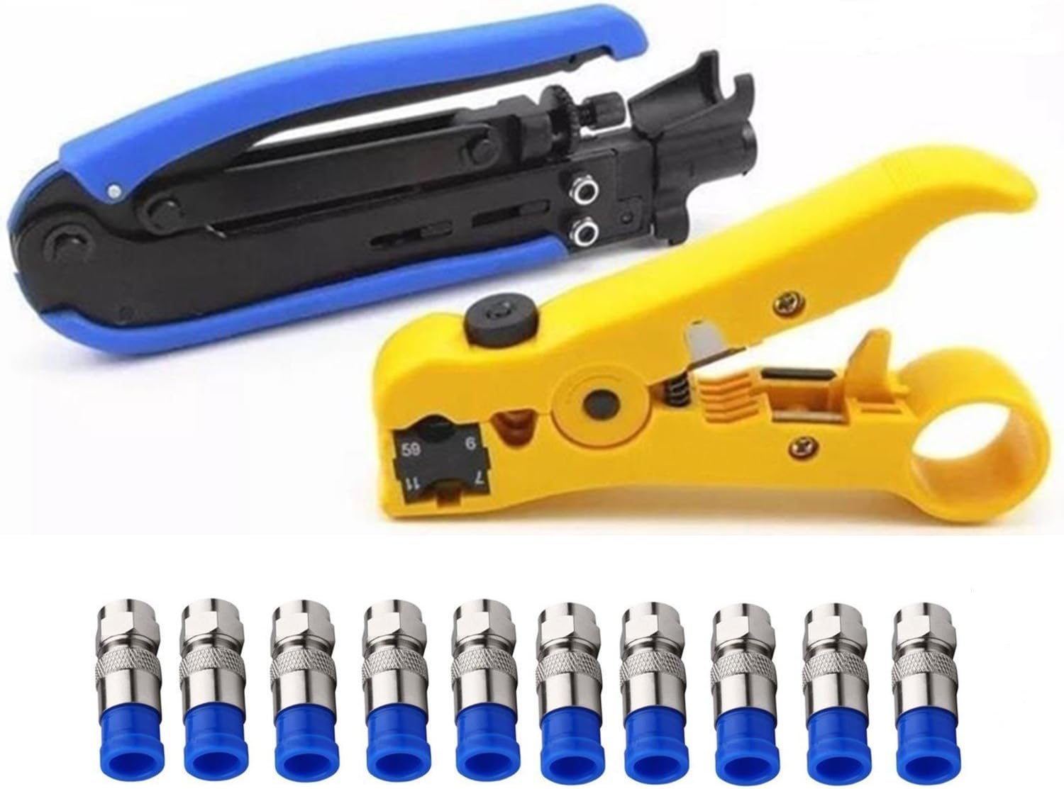 Gaobige Coaxial Compression Tool Coax Cable Crimper Kit Adjustable rg6 rg59 rg11 75-5 75-7 Coaxial Cable Stripper with 10pcs RG6 F Compression Connectors - Blue