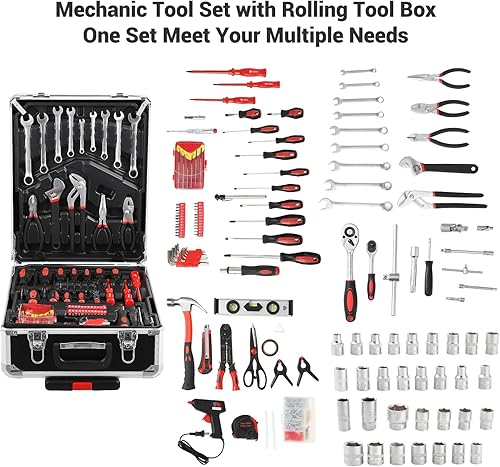 Miniatura 5 de Kit de herramientas de 800 piezas con caja de herramientas rodante, juego de herramientas manuales, caja mecánica, carro, kit de reparación de casa