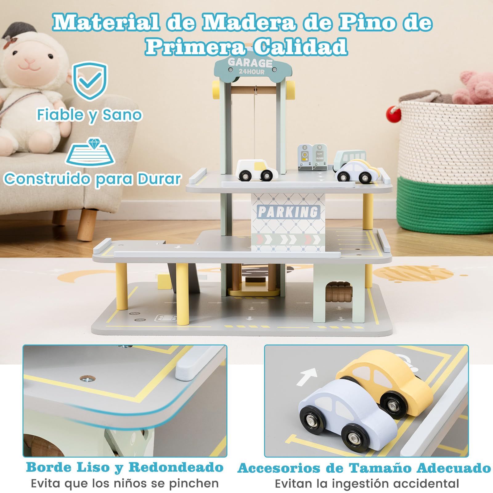 COSTWAY Parking Infantil de 3 Plantas, Garaje de Juguete de Madera con 4 Autos, Helipuerto, Gasolinera, Elevador, Lavado de Autos y Varilla Elevadora, Juguetes Educativos de Roles para Niños
