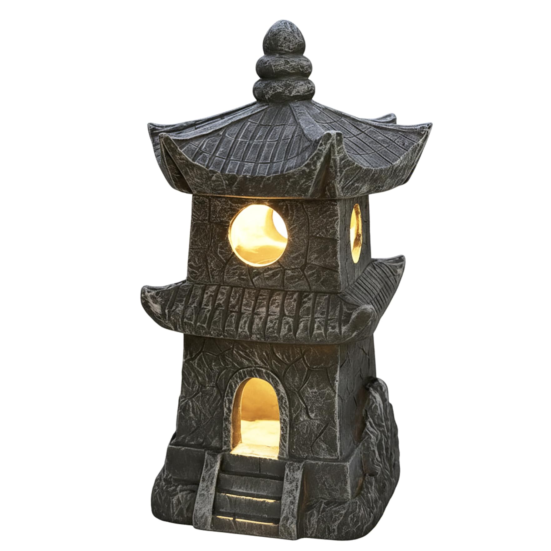 Statue de Jardin pagode décoration zen extérieur résine avec éclairage automatique patio