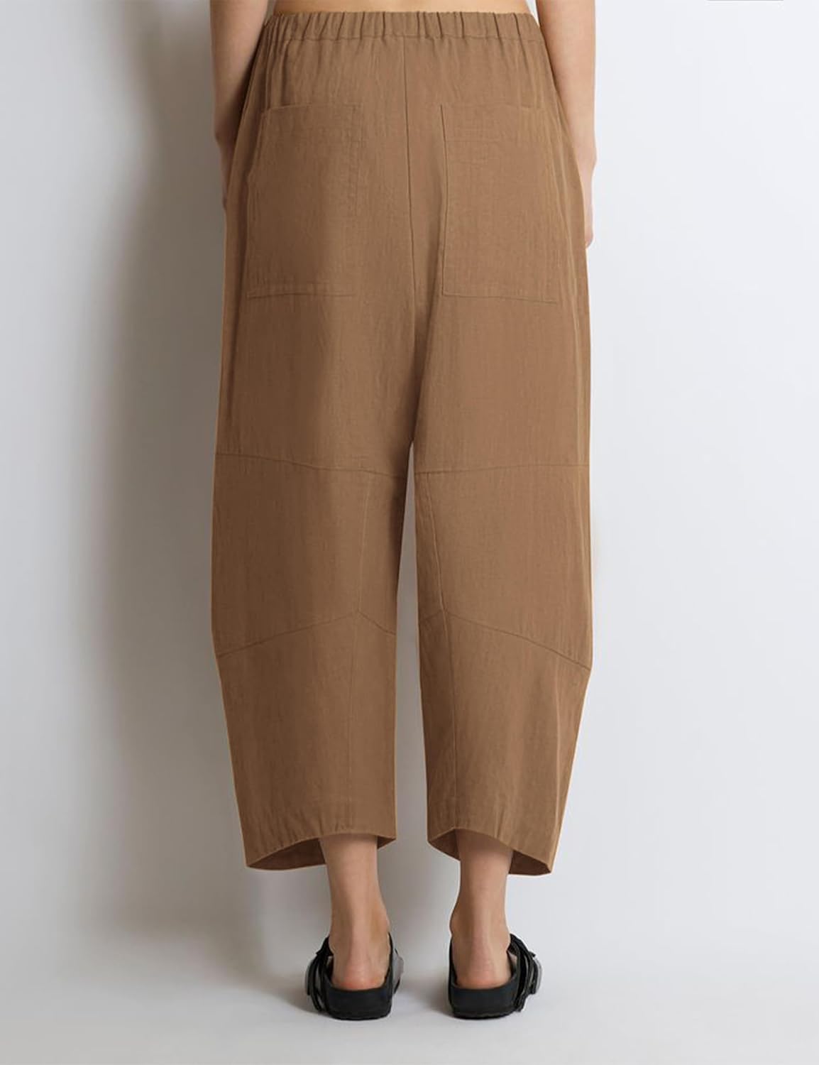 Lviefent Womens Wide Leg Barrel Pants Casual Elastic Waist Linen Cropped Harem Pants Trouser with Pockets