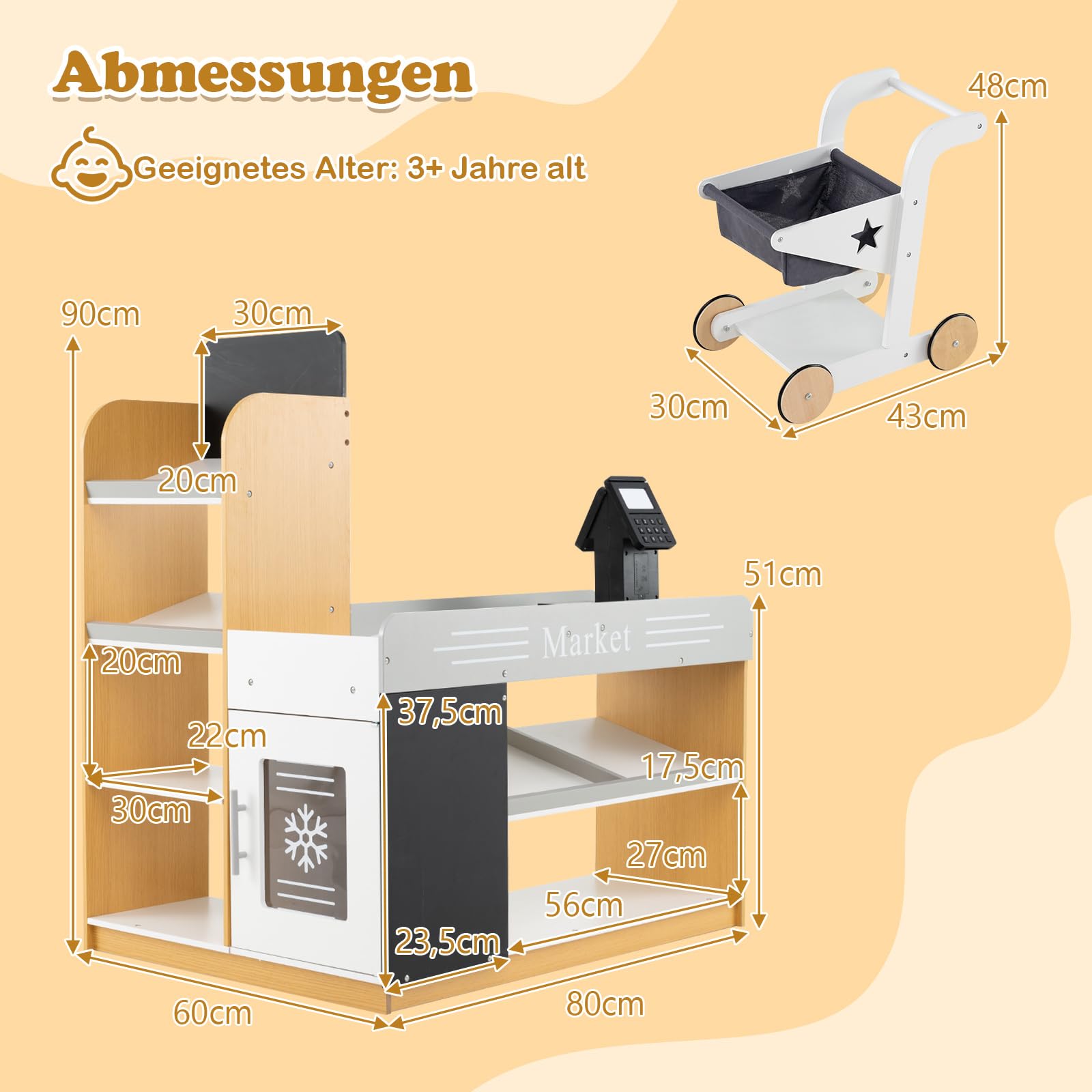 COSTWAY Kaufmannsladen, Kaufladen Kinder mit Einkaufswagen, Supermarkt Holz mit Kasse & 2 Tafeln, Einkaufsladen für Kinder ab 3 Jahren