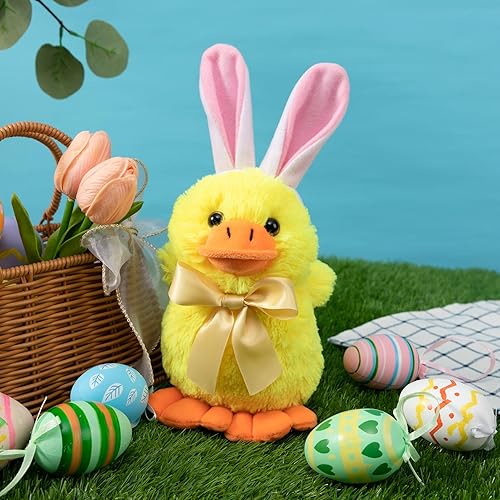 Miniatura 4 de HollyHOME Conejito de Pascua, peluche de pato de Pascua, conejito de pato, peluche de pato amarillo con diadema de orejas de conejo, 7 pulgadas