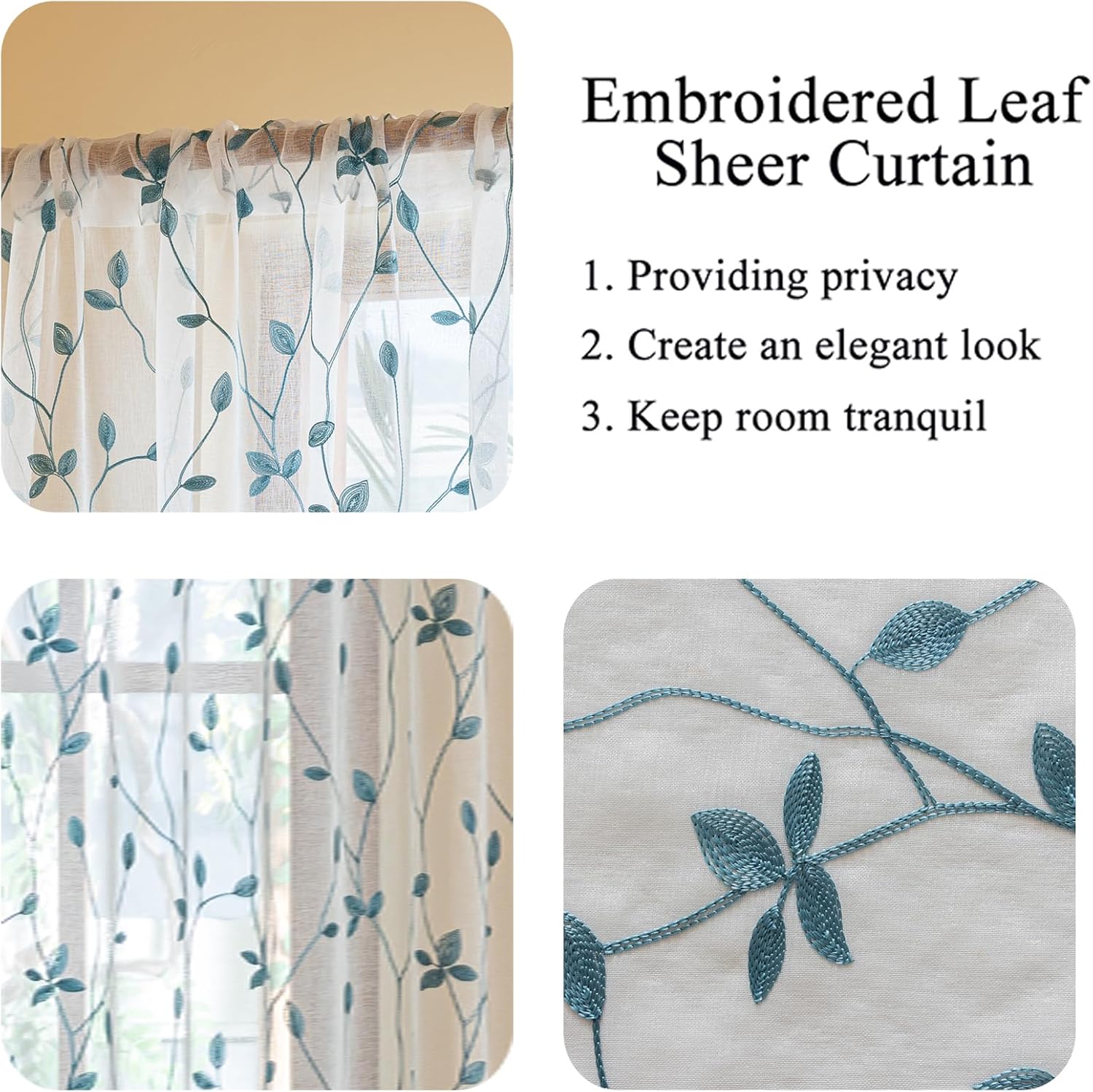 AmHoo 2 Panels Embroidered Leaf Pattern Semi Sheer Curtains Foliage Floral Voile Window Draperies Treatment for Bedroom Living Room Rod Pocket White Teal 53 x 84 Inch
