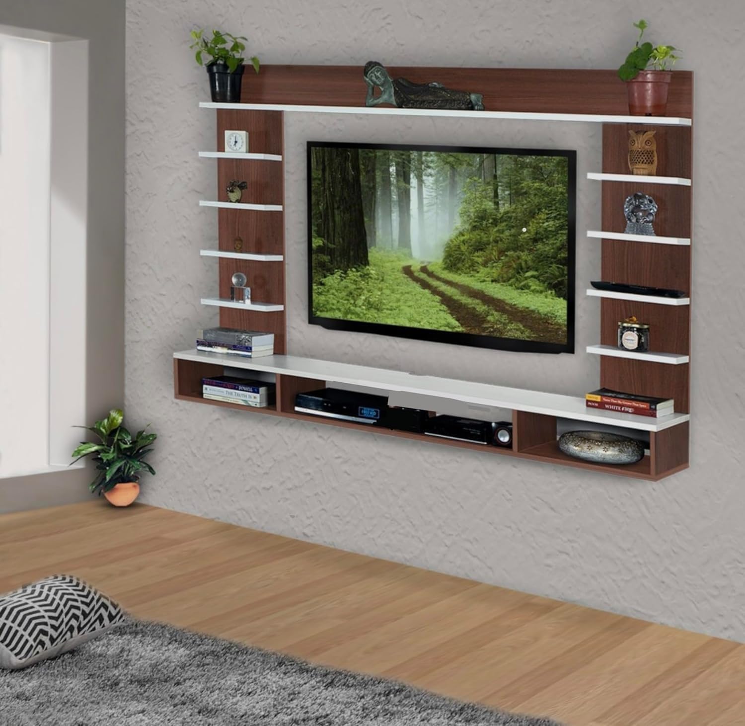 - DAS Stark Wall Mount Engineered Wood TV Entertainment Unit/TV Rack Set Top Box Stand with Wall Shelves for Living Room Classic Walnut & Frosty White Finish (Ideal for up to 43" Screen)