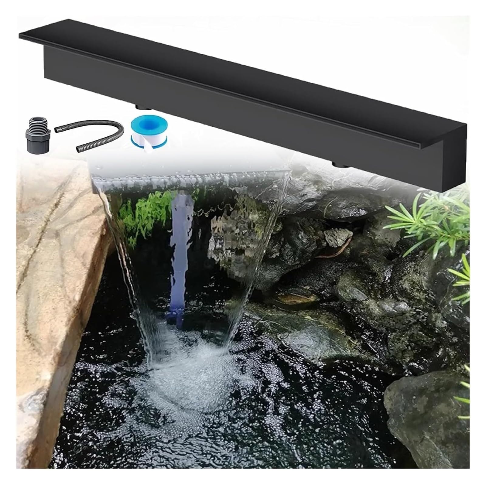 Fontana da piscina nera da 45,7 cm, cascata di troppopieno per stagno e terrazza, beccuccio spruzzatore da parete da incasso, perfetta uscita decorativa per perdite d'acqua