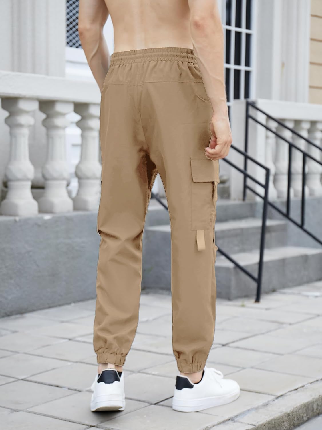 OYOANGLE Men's Cargo Pants Drawstring Elastic Waist Flap Pocket Casual Street Pants - Image 2