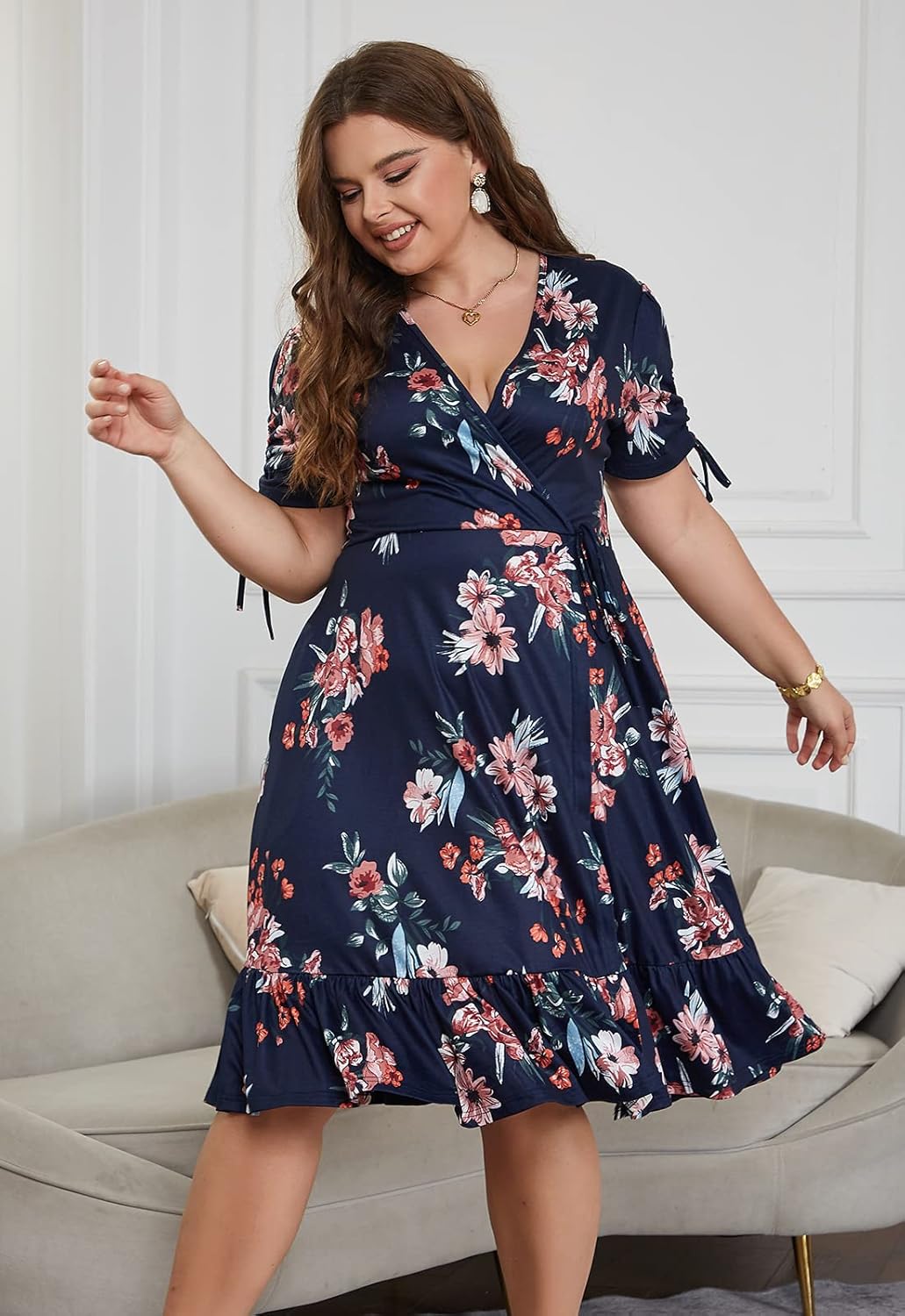 Keluummi Plus Size Summer Wedding Guest Midi Dresses for Curvy Women, Casual Boho Floral A Line V Neck Dress with Pockets - Image 7