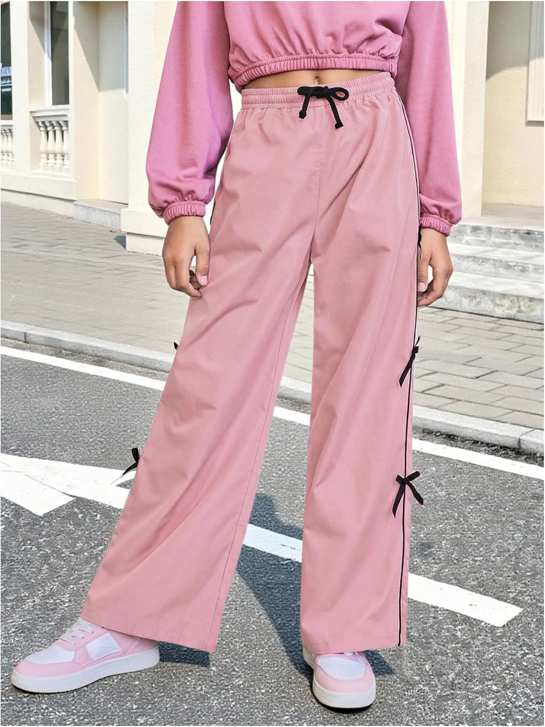 WDIRARA Girl's Bow Side Waist Track Pants Cute Wide Leg Trousers - Image 3