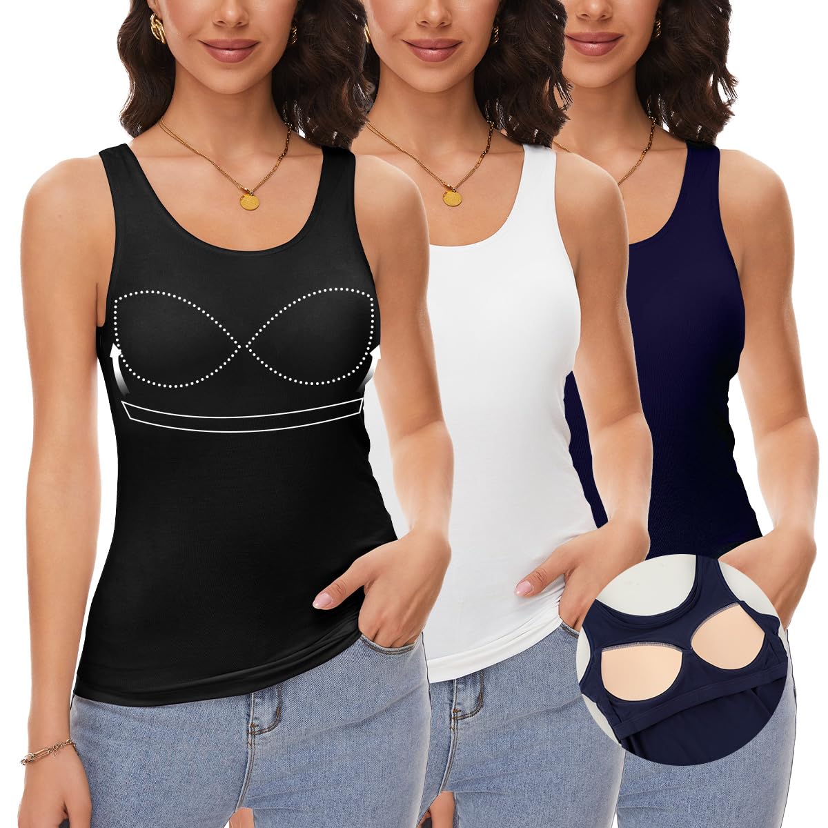 ANYFITTING Damen Unterhemd mit Integriertem BH Tank Top ärmellose Shirts Basic U-Ausschnitt Eingebauter BH Bügelloser Gepolstert Tank Tops Sommer Yoga S-3XL