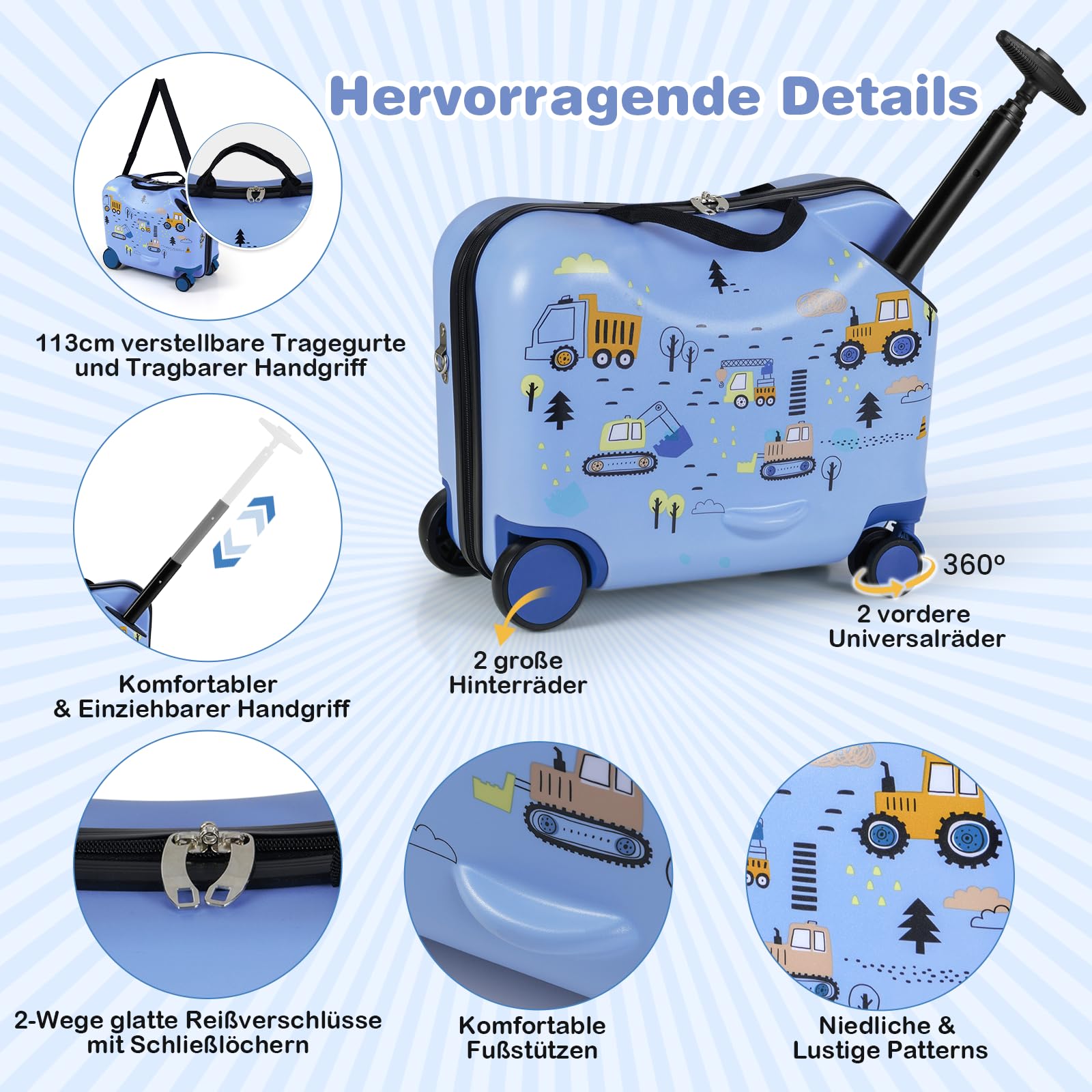 COSTWAY 2tlg Kinderkoffer + Rucksack, 12"+18" Kindertrolley mit Rollen & wasserdichter Hartschale, Kindergepäck mit Tragegurt, Seil & Fußstützen, Rollkoffer für Jungen Mädchen (Bagger)