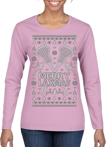 Merry Laxmas Funny Lacrosse Sports LAX Teen Sports Pun Ugly Christmas Womens Graphic Long Sleeve T-Shirt
