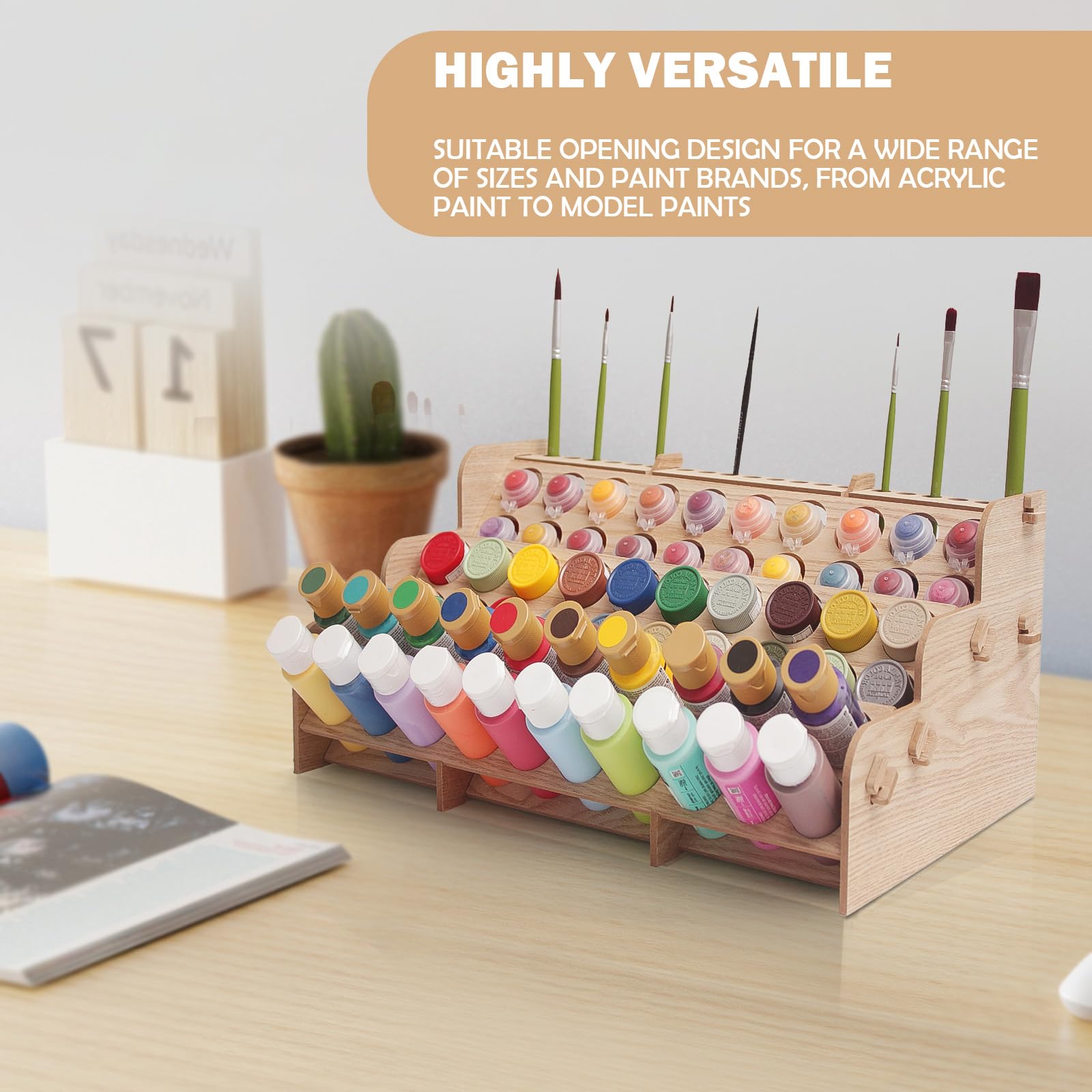 Großer Farb-Organizer aus Holz mit 60 Flaschen, 60 Flaschen, Pinselregal für Acryl, Öl, Handwerk, Hobby, Mini-Modellfarbe, Mal-Organizer für Künstler (horizontal)