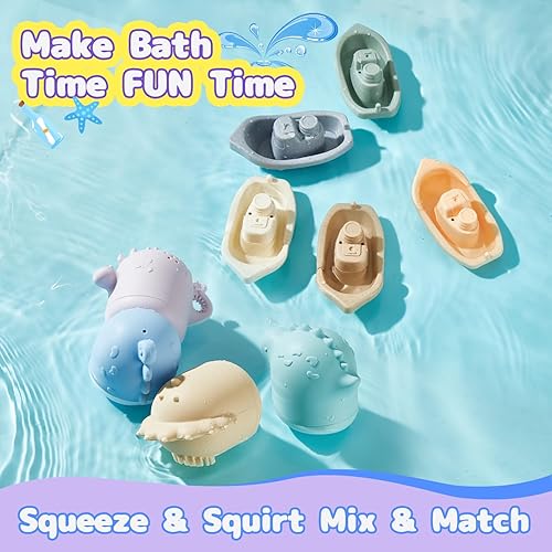Miniatura 6 de Juguetes de baño de silicona sin moho con botes flotantes para niños pequeños de 1 a 3 años, 10 unidades, juguetes de baño de dinosaurios sin moho