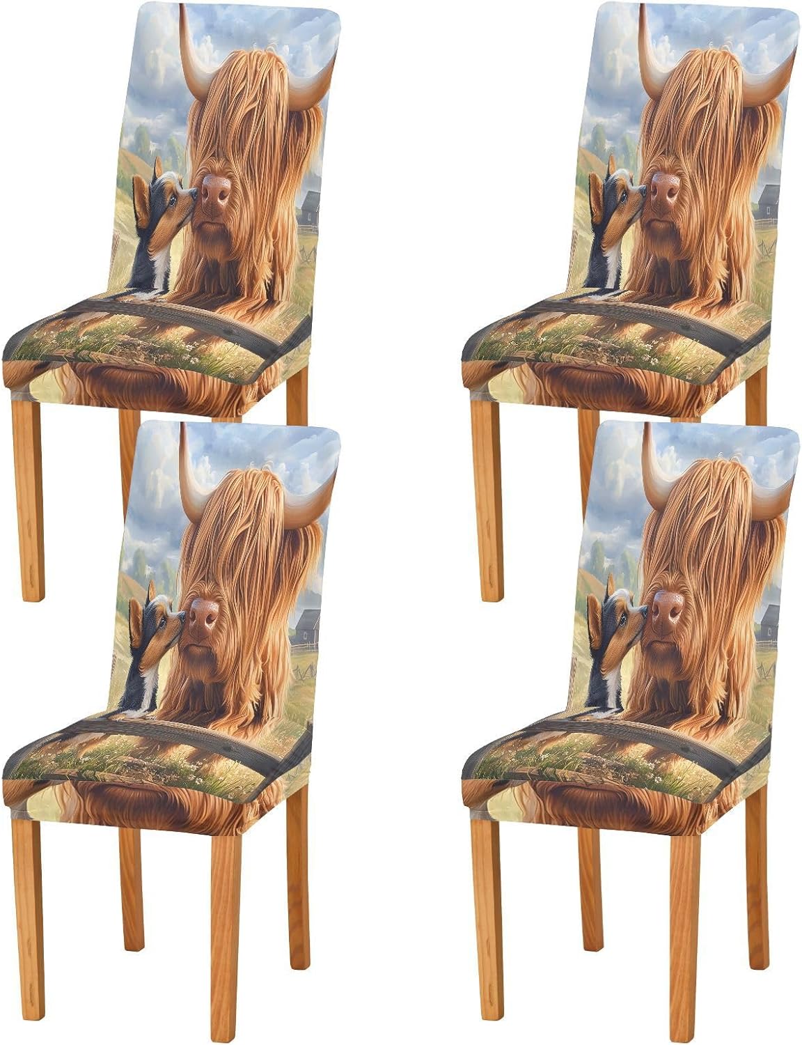 ALAZA Chair Covers for Dining Room, Highland Cow Dog Stretch Chair Cover Sets Chair Protector Removable Washable for Ktichen Restaurant Hotel