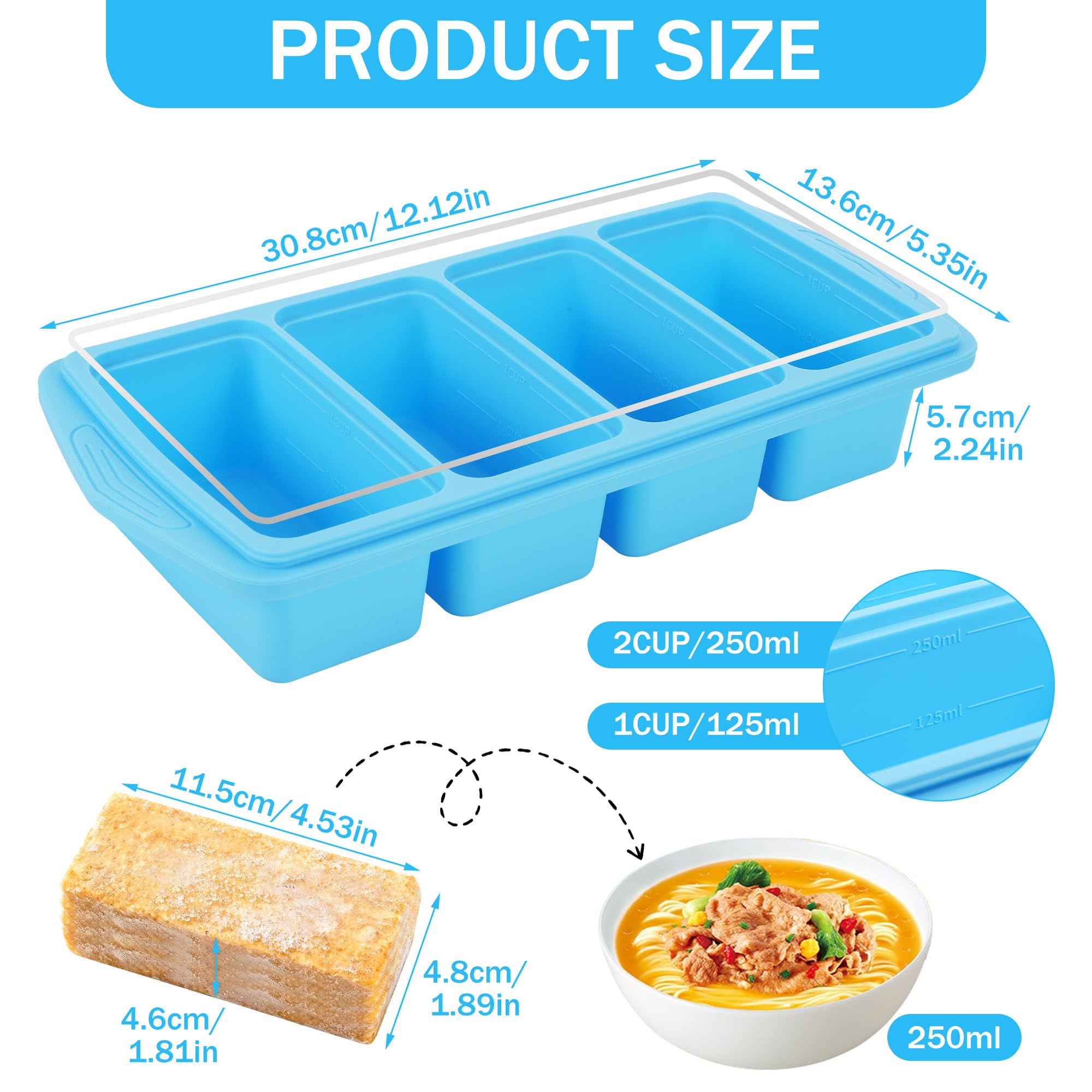 2 Pezzi Vassoio in Silicone Extra Large, Contenitori per Zuppe da Conservare in Freezer, Salse e Preparazioni Alimentari, 1 Tazza/250 ml, Azzurro Cielo (2, Rettangolare)