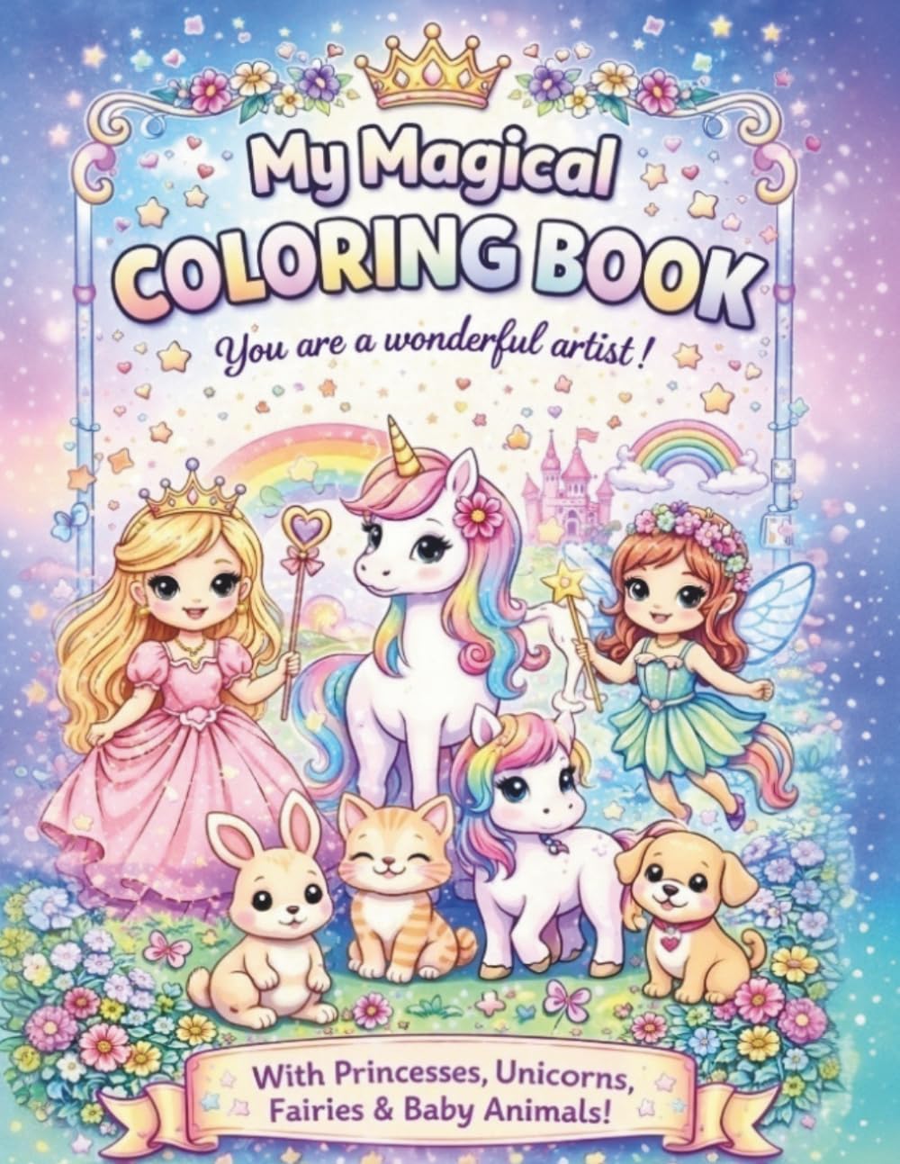 Princess & Unicorn Coloring Book for Girls Ages 3-5: 50 Cute Coloring Pages with Princesses, Unicorns, Fairies, Ponies and Baby Animals – Magical ... Big Simple Designs (Color with Imagination)