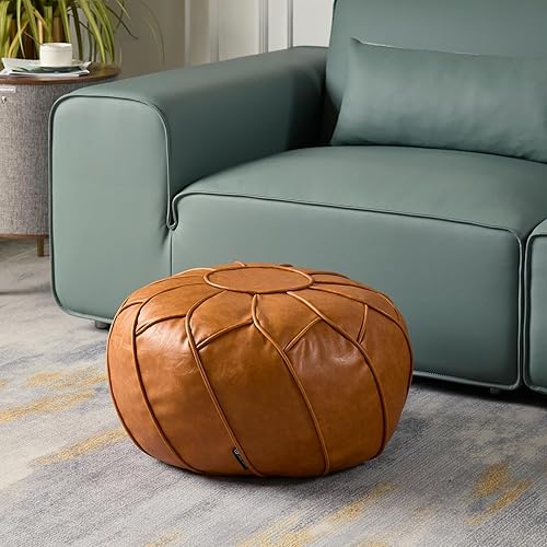 Miniatura 47 de Louis Donné Funda otomana marroquí sin relleno de 21 pulgadas, taburete de cuero sintético hecho a mano, funda redonda de almacenamiento, decoración
