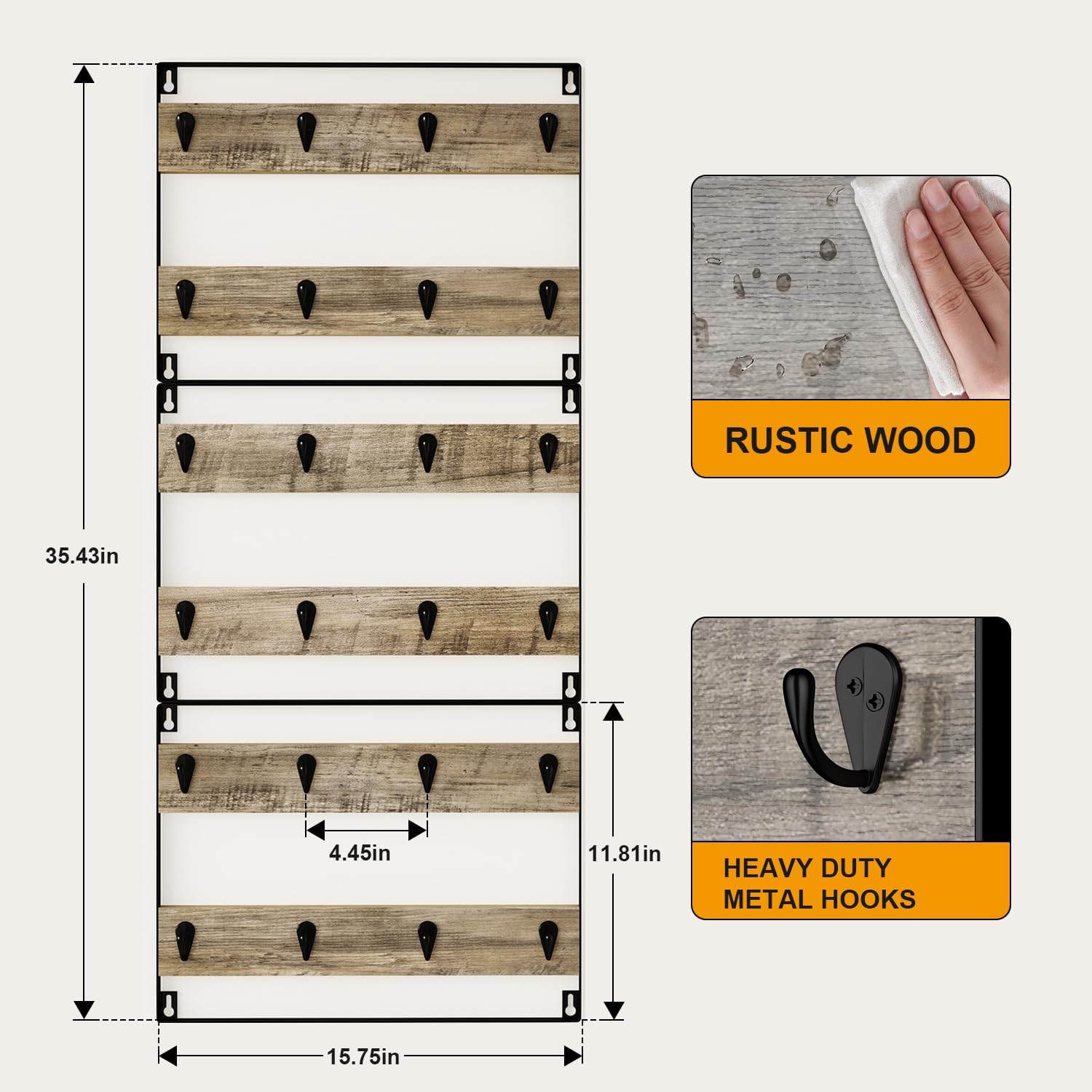 IBUYKE Wall-Mounted Mug Rack Set of 3, 24-Hook Large Coffee Display Organizer for Kitchen, Home, Bar, Coffee Station - Rustic Wood, Greige TBJ005Y-3