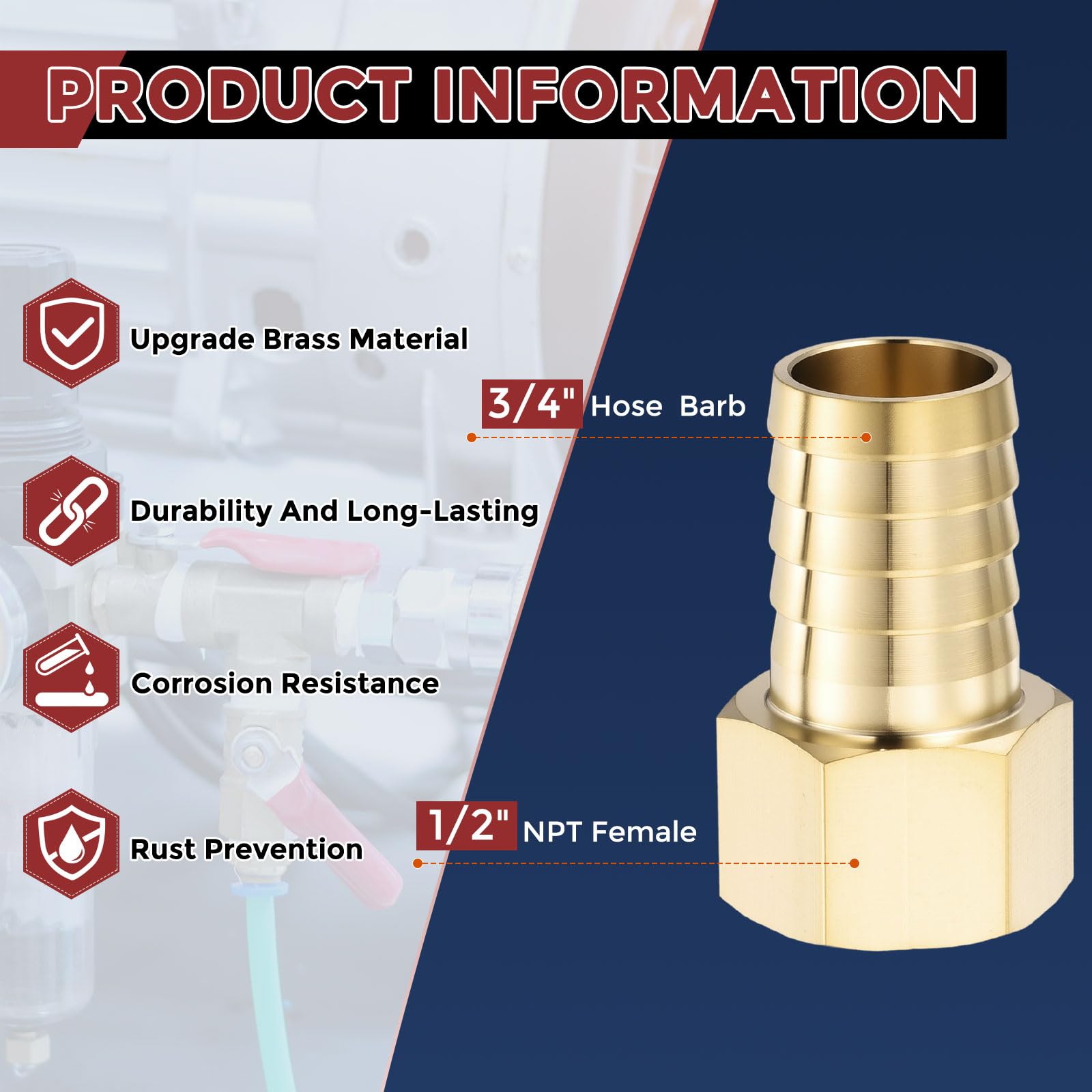 8 raccordi in ottone per tubo flessibile da 1,9 cm a 1,3 cm NPT | Connettore adattatore per macchine domestiche, vasche da bagno e sistemi di irrigazione