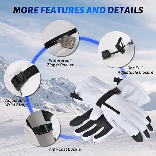 Miniatura 5 de Guantes de esquí unisex impermeables para pantalla táctil para hombres y mujeres, 3M Thinsulate guantes de nieve de invierno con bolsillo