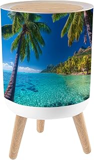 VETEB Trash Can with Lid Palm Trees Tropical Beach Moorea Tahiti Small Garbage Can with Legs Waste Bin Press-Top Lid Wastebasket for Kitchen Bathroom Living Room 7L/1.8 Gallon