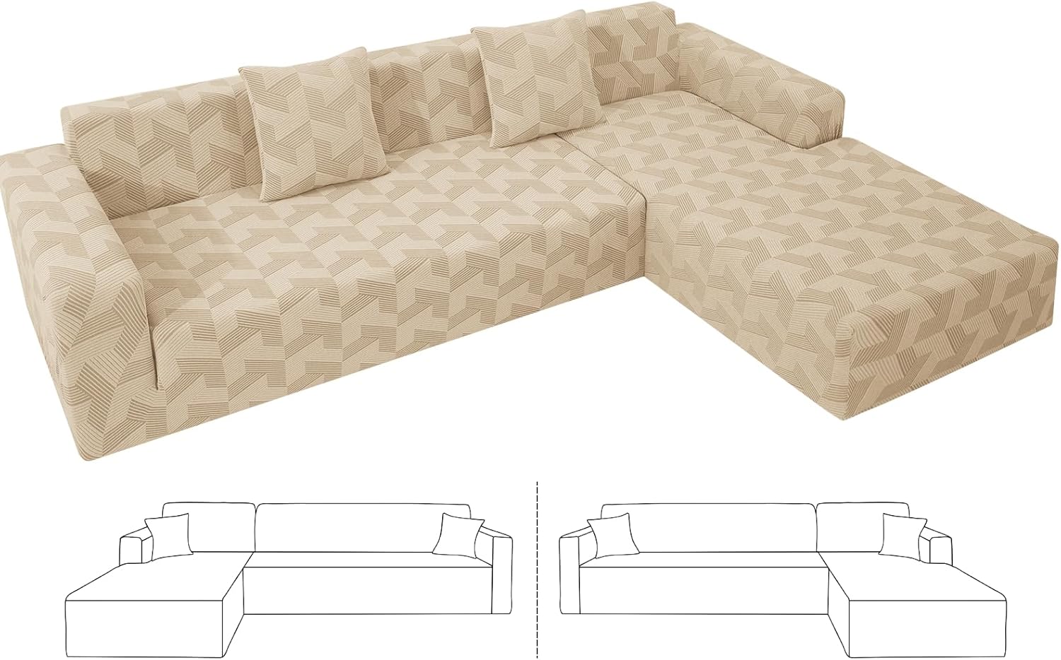 ZNSAYOTX Stretch Sectional Couch Covers New-Rectangle Texture, Thick Slipcovers with Elastic Bottom for L Shape Sectional Sofa, 2 Pcs Pet Friendly Universal Protector for(Sofa or Chaise), Khaki