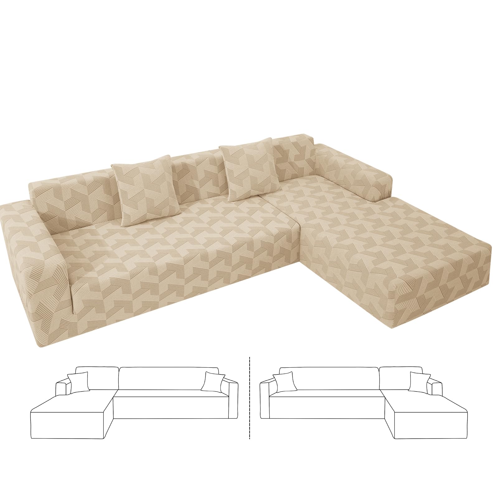 ZNSAYOTX Stretch Sectional Couch Covers New-Rectangle Texture, Thick Slipcovers with Elastic Bottom for L Shape Sectional Sofa, 2 Pcs Pet Friendly Universal Protector for(Sofa or Chaise), Khaki