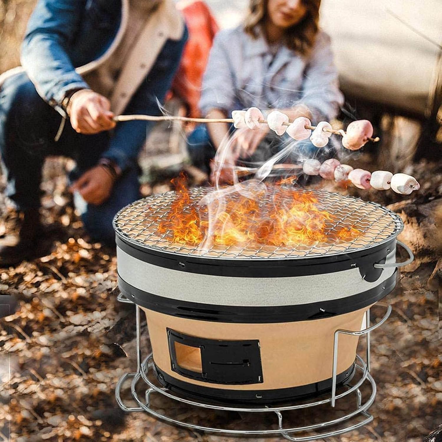 AIZYR Japanese Ceramic Clay Charcoal Grill, Round Barbecue Charcoal Grill Tabletop Charcoal Stove ​Cooker with Food Tongs, Be Applicable Outdoor Indoor Camping Get Together