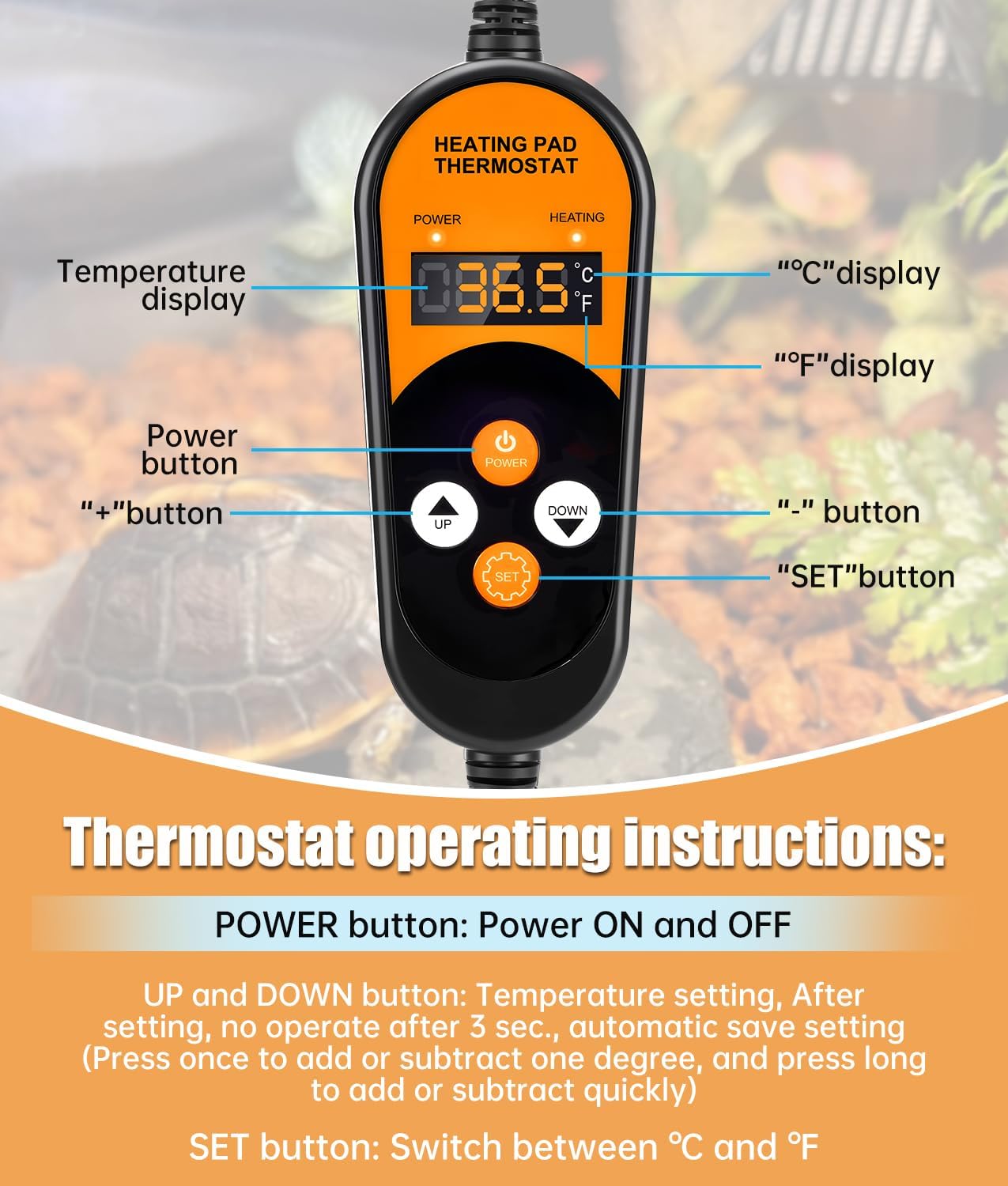 Detailed view of the thermostat buttons and their functions.