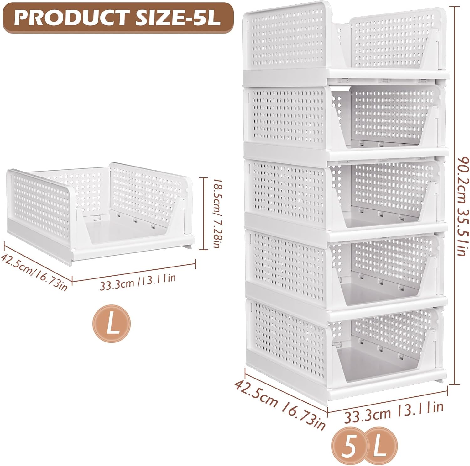 Wardrobe Storage Organiser - 5 Pack Folding Closet Organisers, Stackable Storage Boxes, Plastic Drawer Organiser Basket for Bedroom Kitchen Bathroom White