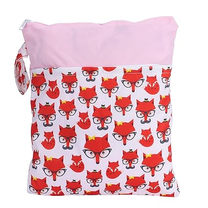 Baby Cloth Diaper Wet Dry Bags, Waterproof 4 Different Patterns Practical Wet Dry Bags Cute Cartoon Pattern for Soiled Baby Items for Swimsuit(Happy Fox)