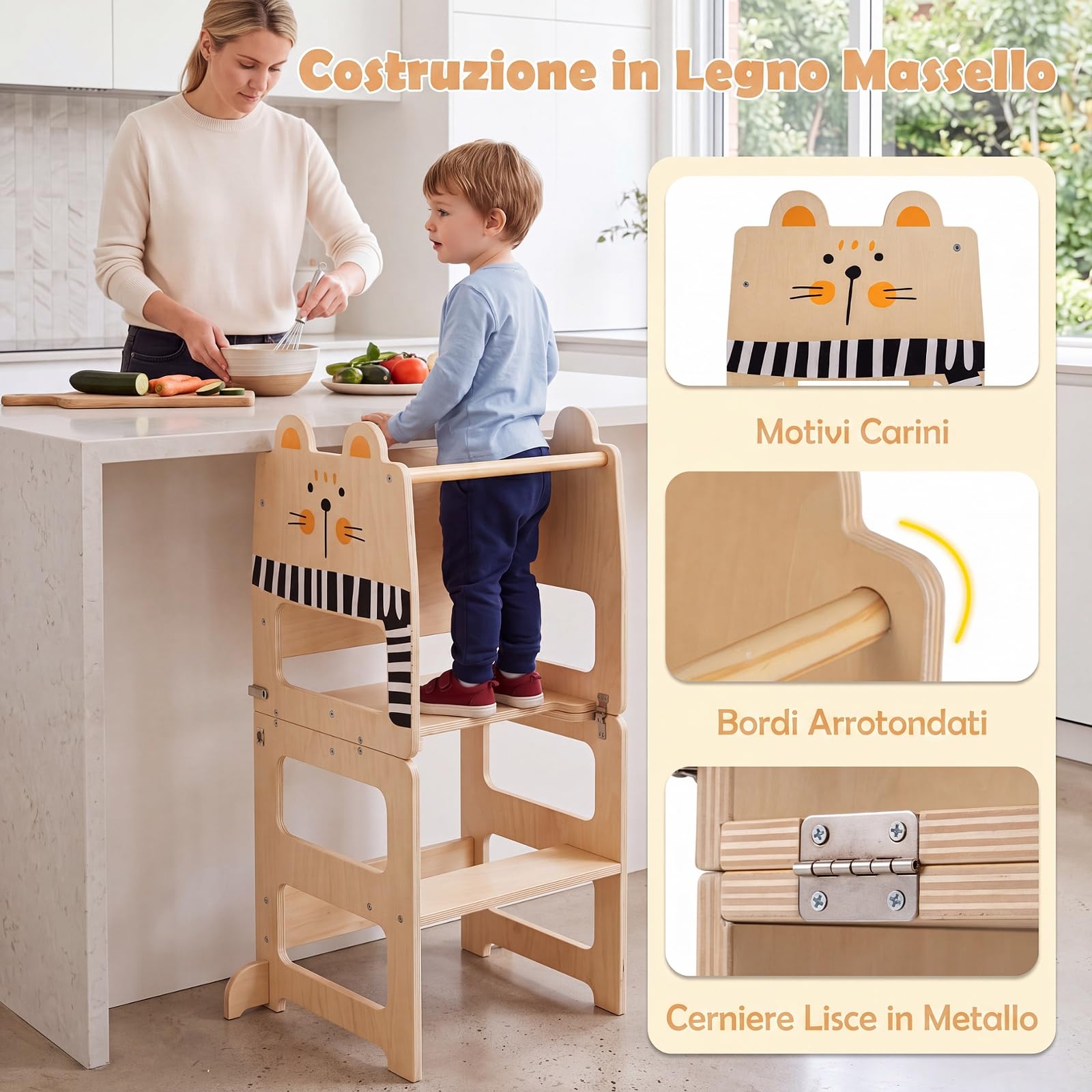 COSTWAY Torre Montessoriana per Bambini, Trasformabile in Tavolo e Sedia | Torre di Apprendimento con Lavagna Pieghevole, Forma di Gatto, Scala Sicura in Legno per Cucina e Bagno, 18+ Mesi