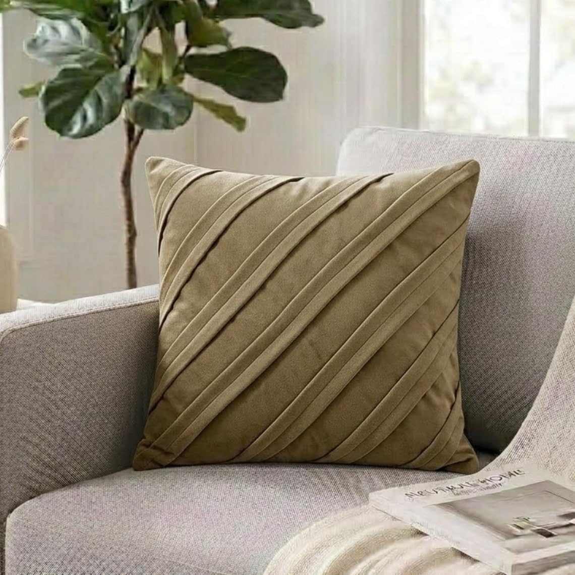 The HomeCentric Cushion Cover, Dark Beige Decorative Pillow Covers 16x16 inch (40x40 cm) Suede Couch Throw Pillow Covers, Solid Color, Pintucks, Textured, Striped, Modern - Contemporary Dark Beige