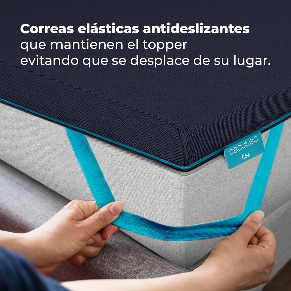 Cecotec Topper Viscoelástico Flow TopSerenity 90x190. Cubrecolchón Sobrecolchón. Viscoelástica 100% de 5 cm de Altura, 4 Correas Elásticas Antideslizantes, Funda Exterior con Cremallera