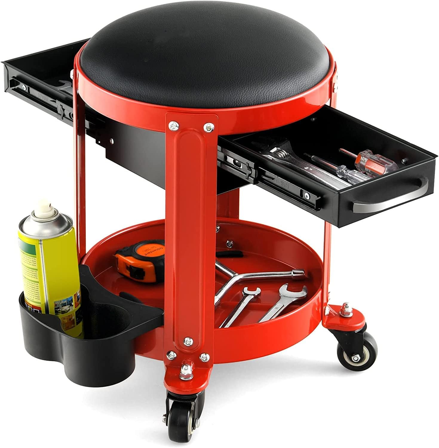 FANTASK Sgabello meccanico rotante, sedile da lavoro rotante, con 2 cassetti, porta lattine e ripiano e sedile rimovibile, portata 150 kg