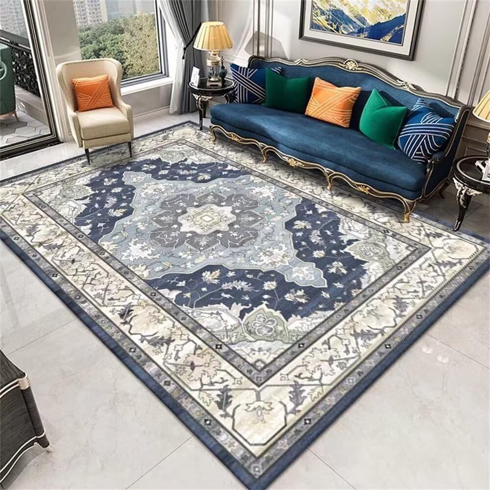 Tapis lavable bleu résistant aux taches 80x150cm motif vintage pour salon