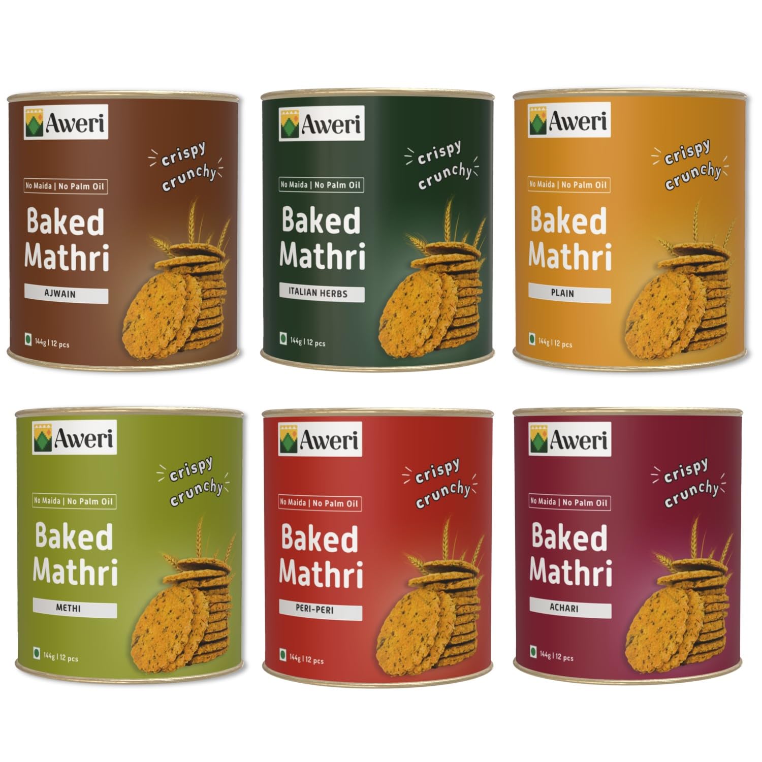 Aweri All-in-One Baked Mathri Combo Pack of 6 cans (144g) each | No Maida | No Palm Oil | 6 Flavours Plain, Methi, Ajwain, Achari, Peri Peri, Italian | Healthy Snack | Vacuum Sealed Pcs | Namkeen Mathi