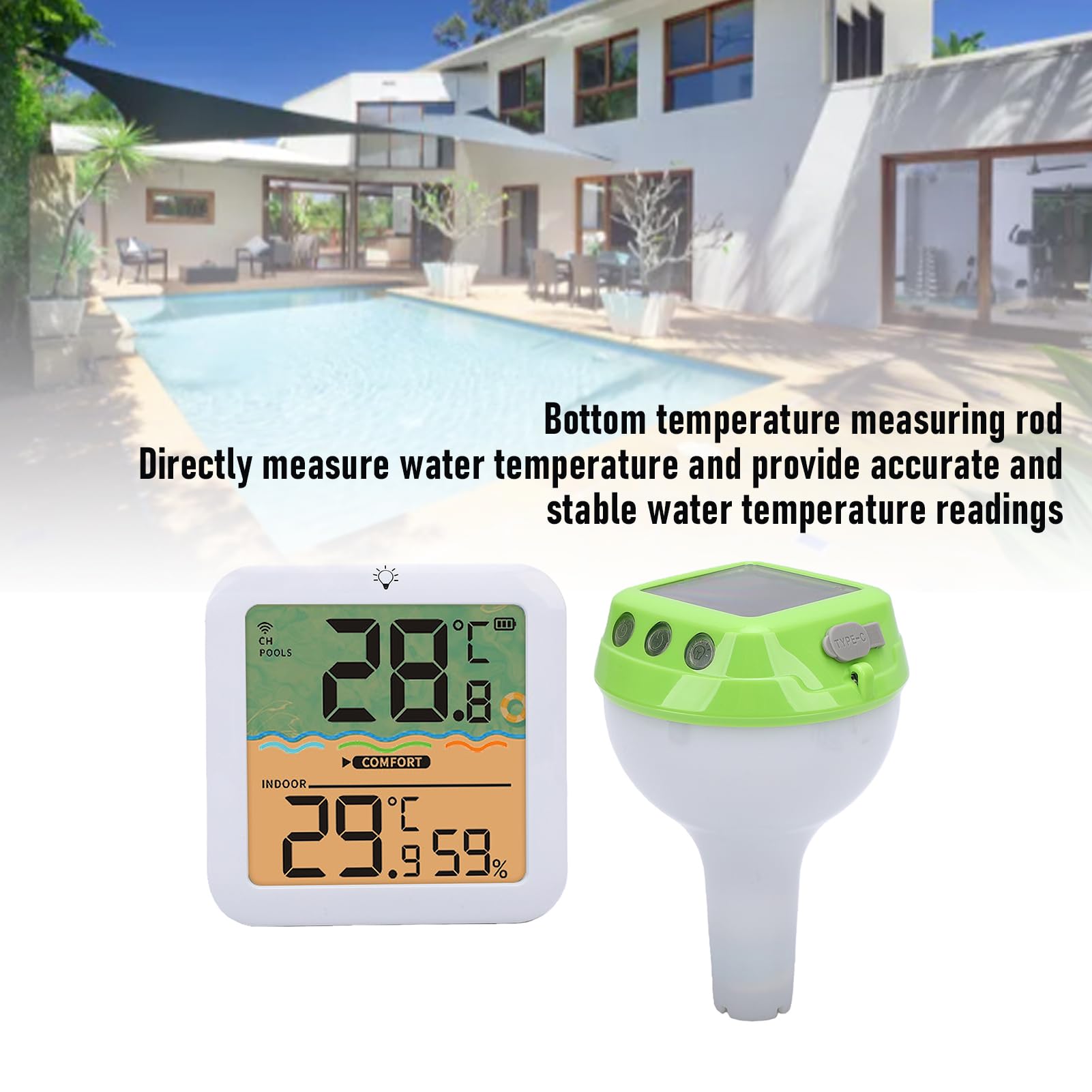 PUSOKEI Solares Digitales Poolthermometer mit Seil, Schwimmendes Kabelloses Poolthermometer mit RGB-Umgebungsbeleuchtung, Extra Großes Display mit Hintergrundbeleuchtung für Einfaches (GREEN)